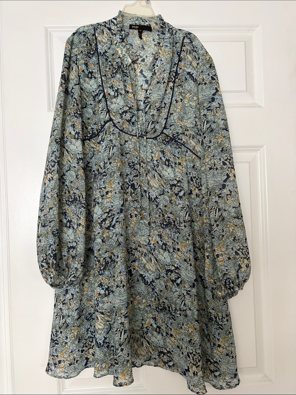 Maje Light Blue Floral Long-Sleeve Mini Dress
